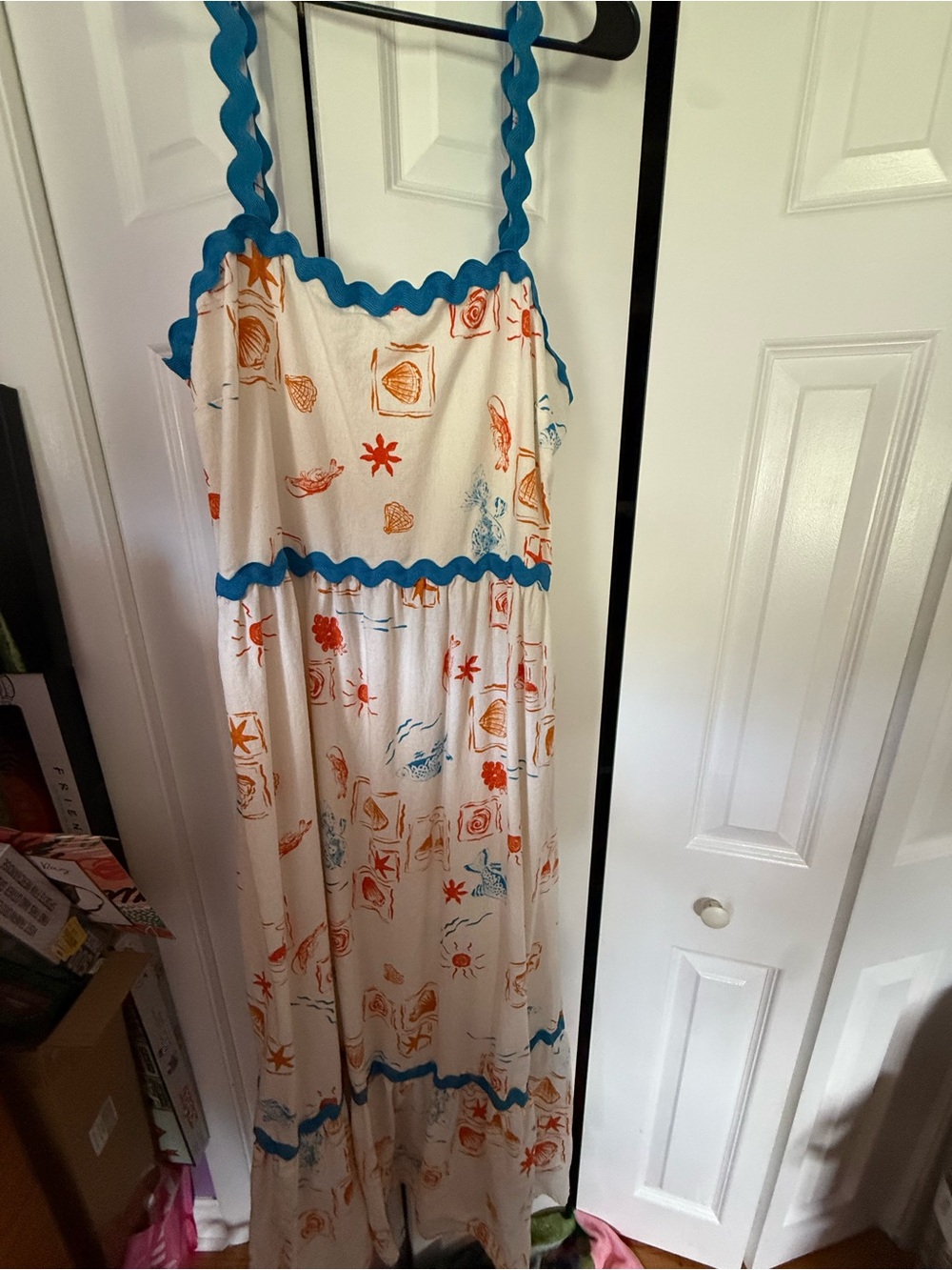 CeCe White Maxi Dress with Orange Beach Print and Blue Trim